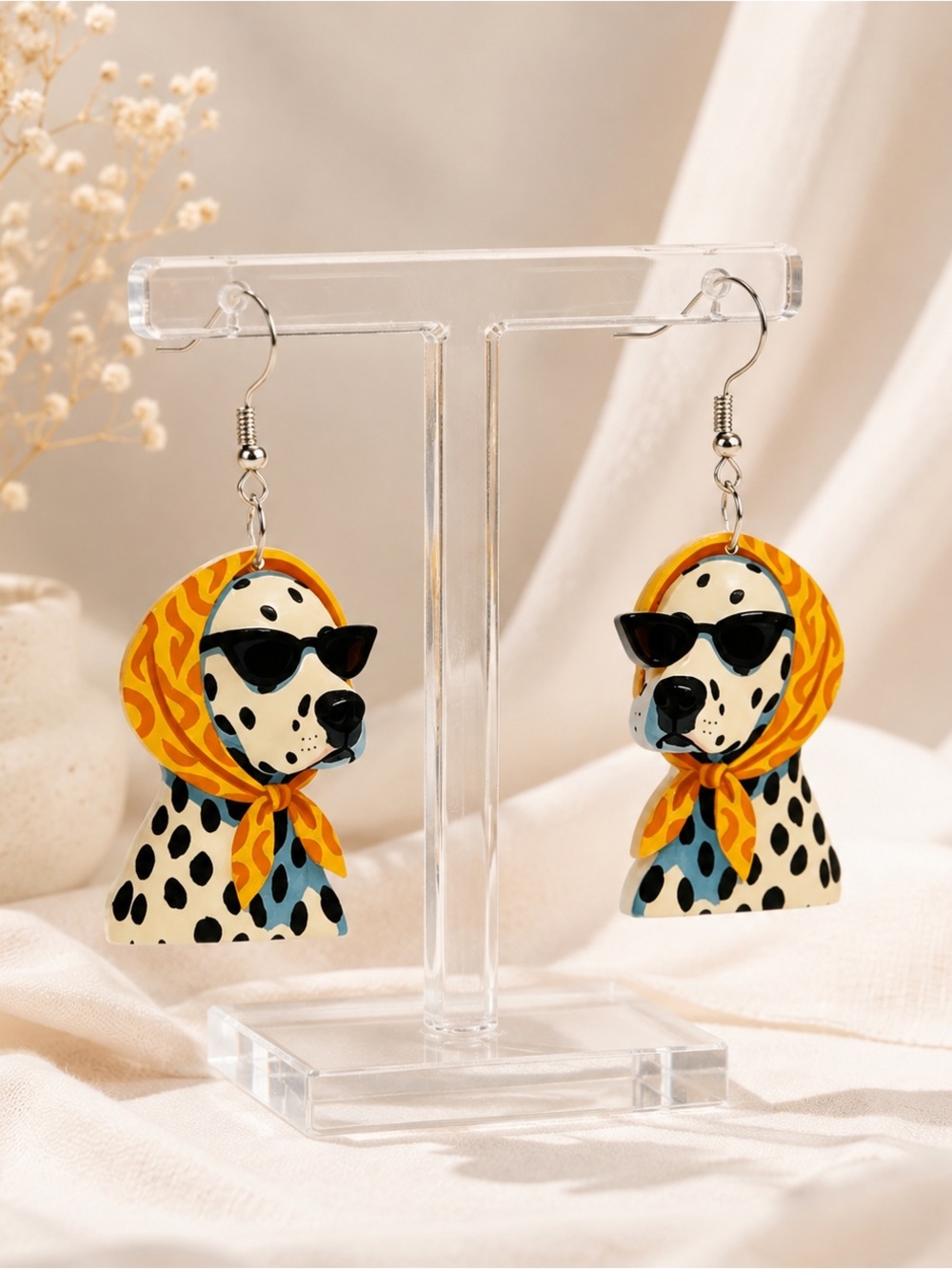 Anthropologie Dalmatian Head Drop Earrings with Yellow Scarf and Black Spots
